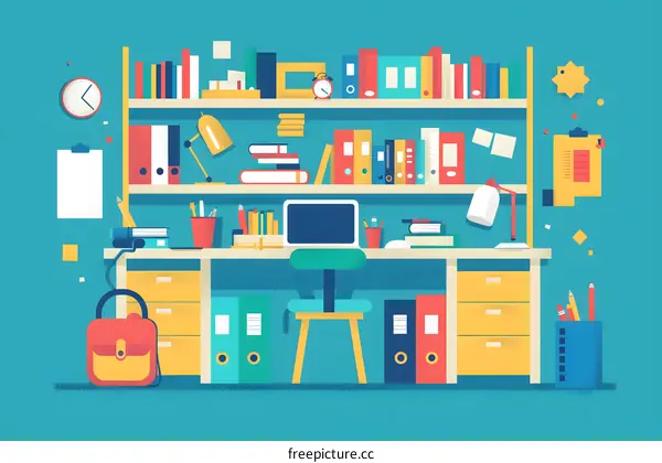Modern Office Desk Workspace Illustration with Books and Supplies
