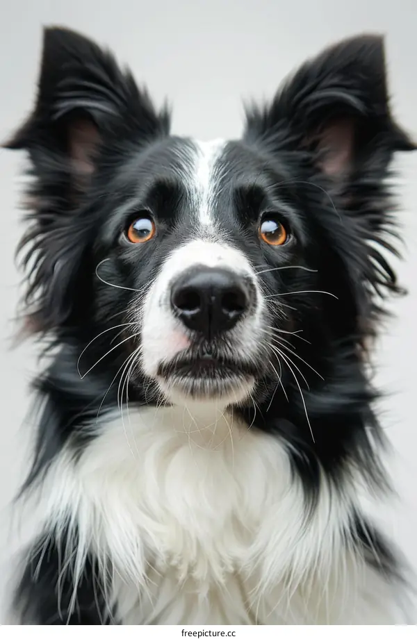 A Border Collie stares at the camera with its ears perked up