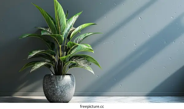 A potted plant sits in front of a gray wall with sunlight shining on it