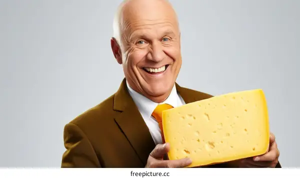 Bald man in brown suit and orange tie holding a big block of cheese