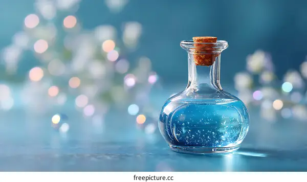 Blue Glass Bottle with Cork on Teal Background