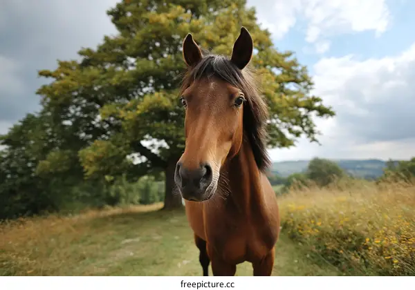 A Brown Horse in a Field with Trees