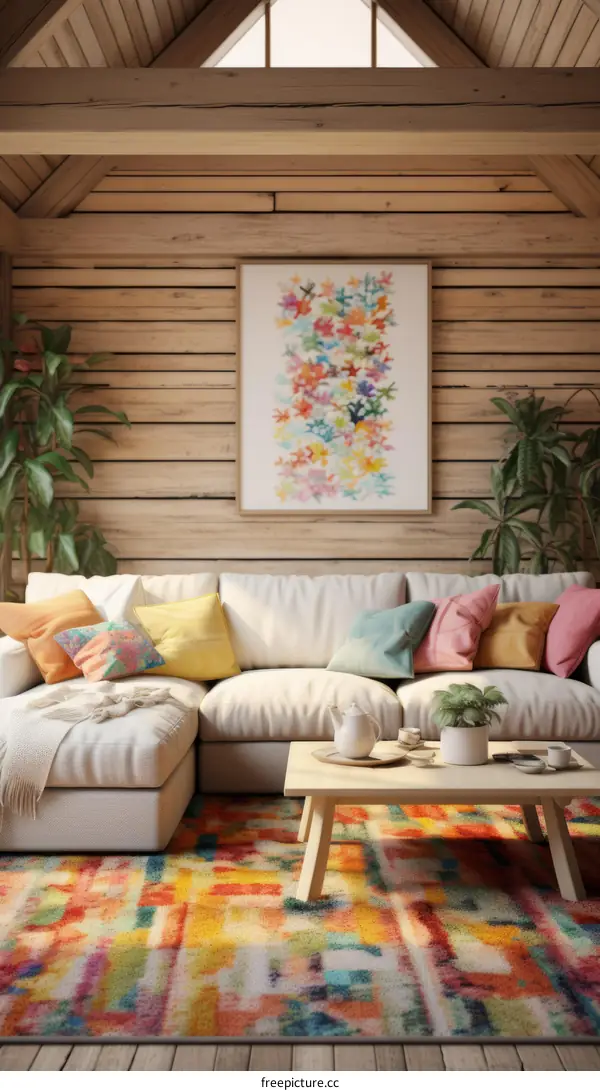 A living room with colorful painting and rug