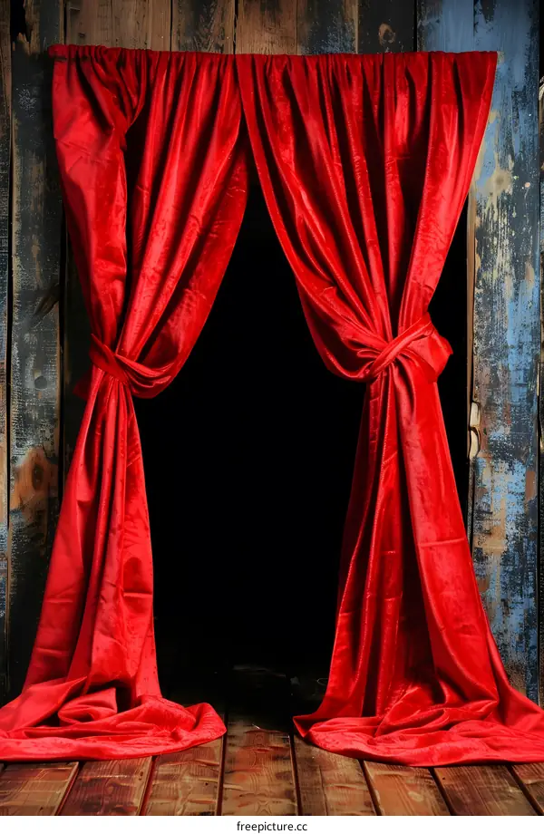 Red velvet curtains on a wooden background