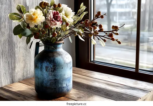 Rustic Blue Vase with Floral Arrangement by the Window