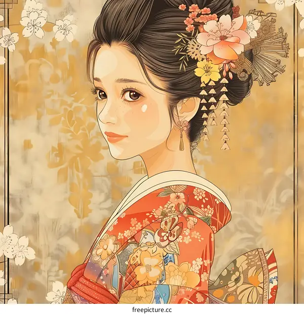 Japanese Woman in Traditional Kimono with Cherry Blossoms