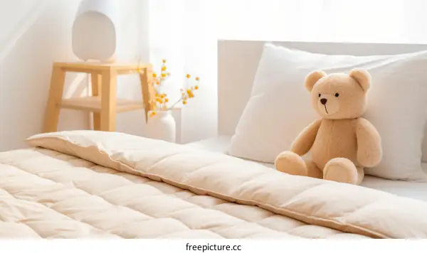 Cozy Comfort: Beige Bedding and a Teddy Bear Adorn a Bed