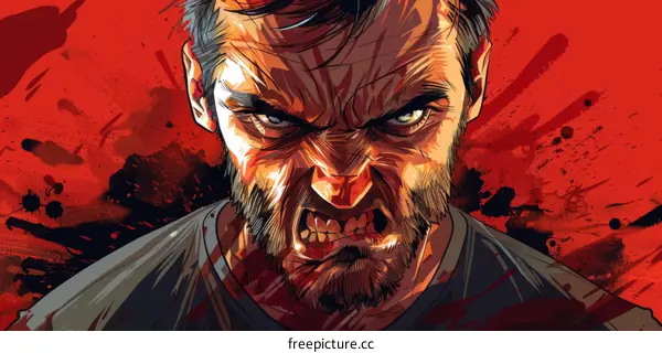 A man with a beard and blood on his face growls.