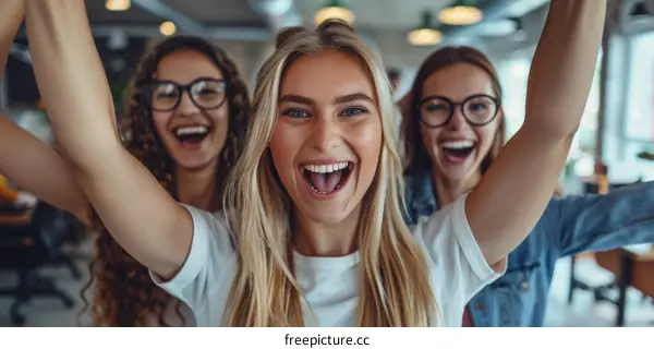 Three young women celebrating their success