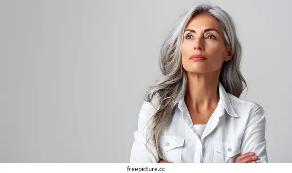 portrait of a beautiful middle aged woman with gray hair