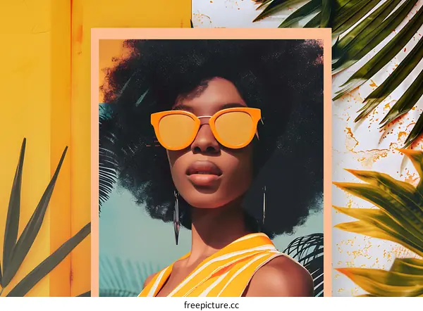 African American Woman in Yellow Sunglasses With Tropical Leaves
