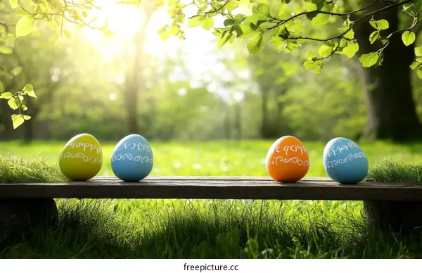Easter Eggs on a Park Bench