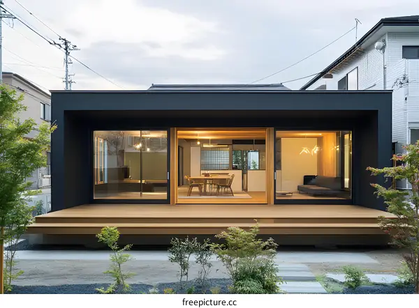Modern Black and Wood Home with Large Windows and a Wooden Deck