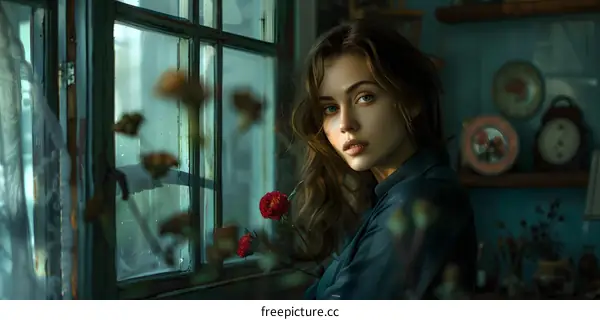 portrait of a beautiful woman with long brown hair standing in front of a window