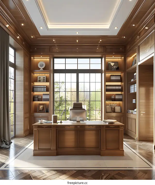 Luxury wooden home office with large windows