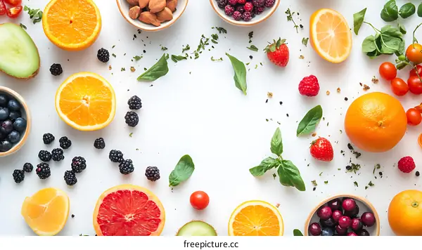 Fresh Fruits and Berries Arranged on a White Background
