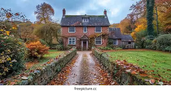 Enchanting English Countryside Cottage with Autumn Trees