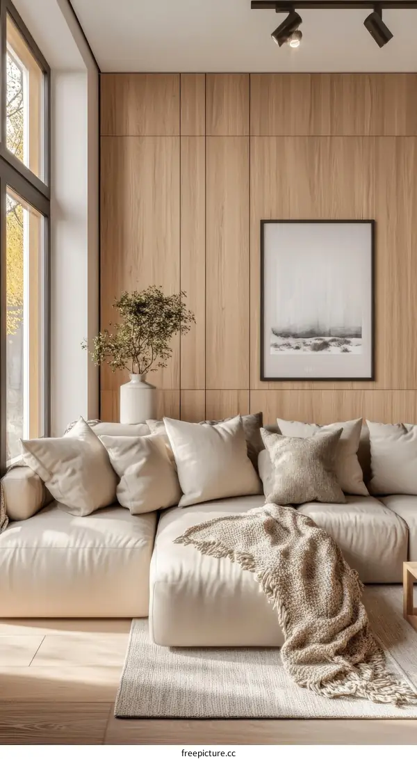 Modern Beige Sectional Sofa in a Light Wooden Living Room