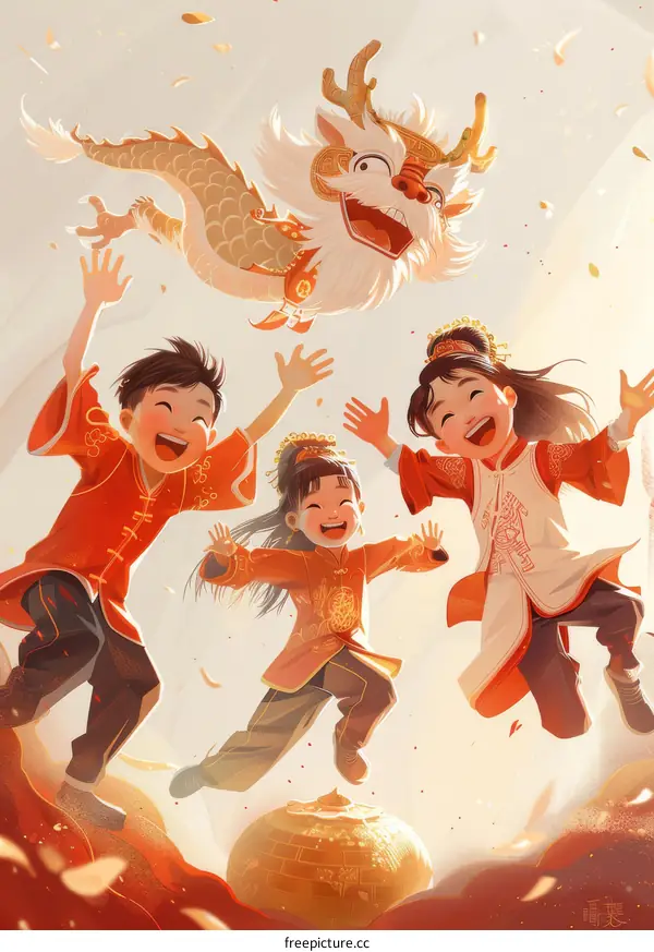 Three happy children in traditional Chinese clothing celebrate the Spring Festival