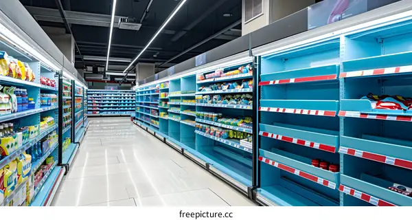 Empty Supermarket Shelves with Blue and Red Colors
