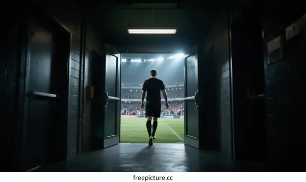 A football player walking out from tunnel towards stadium field
