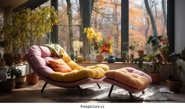 A comfortable and stylish living room with a large window looking out onto a beautiful fall forest.