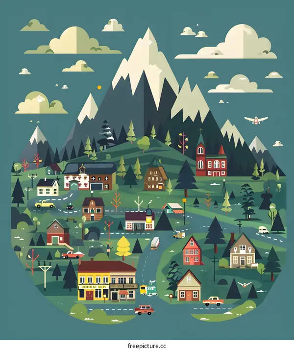 Flat Style Illustration of a Small Village in the Mountains