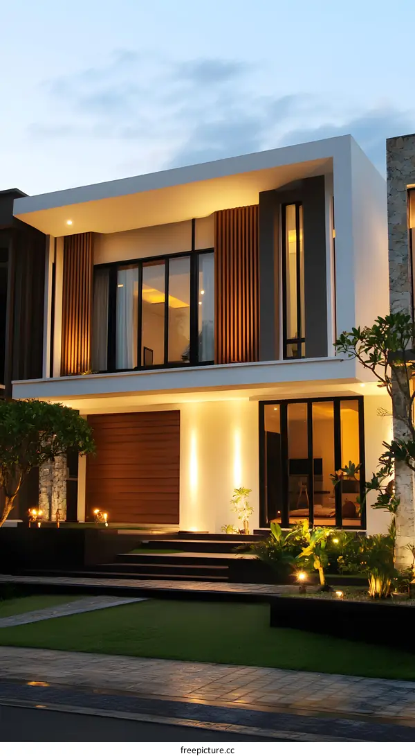 Modern House with Wooden Accents and Landscape Design