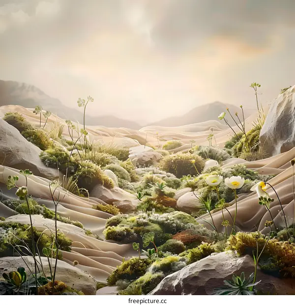 Nature Inspired Artistic Background with Green Moss and White Flowers