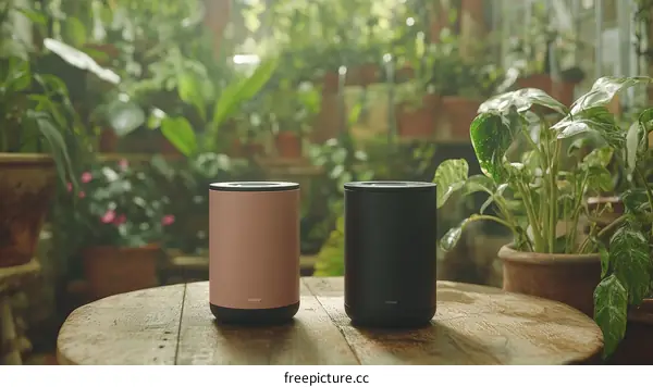 Modern Cylindrical Speakers in a Greenhouse Setting