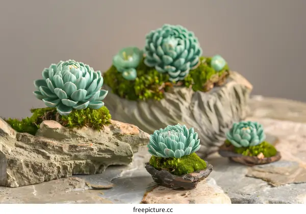 Green Succulents on Rock and Moss Arrangement
