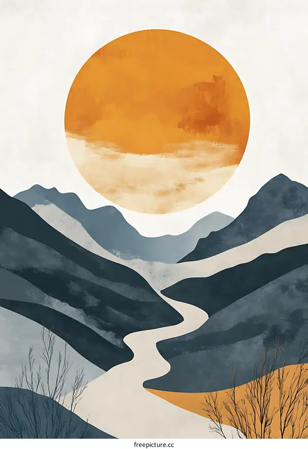 Abstract Mountain Landscape with a Large Orange Sun