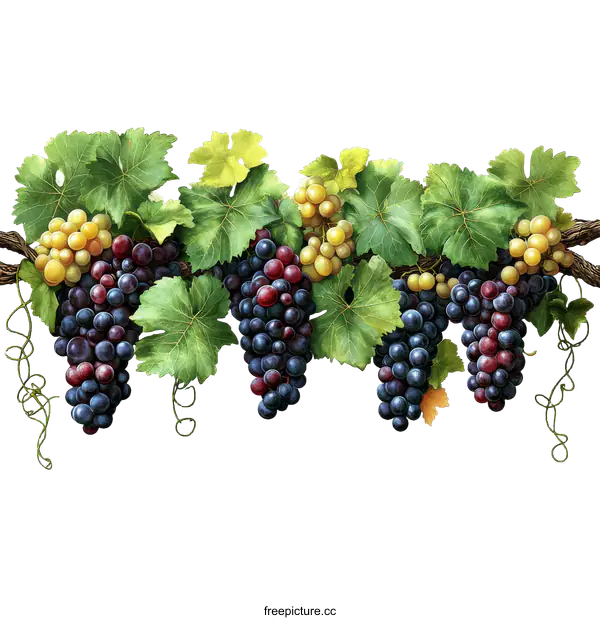 [Transparent Background PNG]Detailed Illustration of Grapes and Vines
