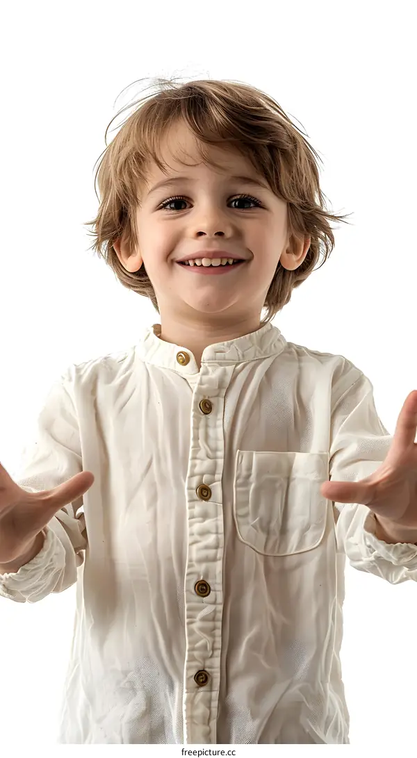 Smiling Caucasian Boy in White Shirt Against White Background