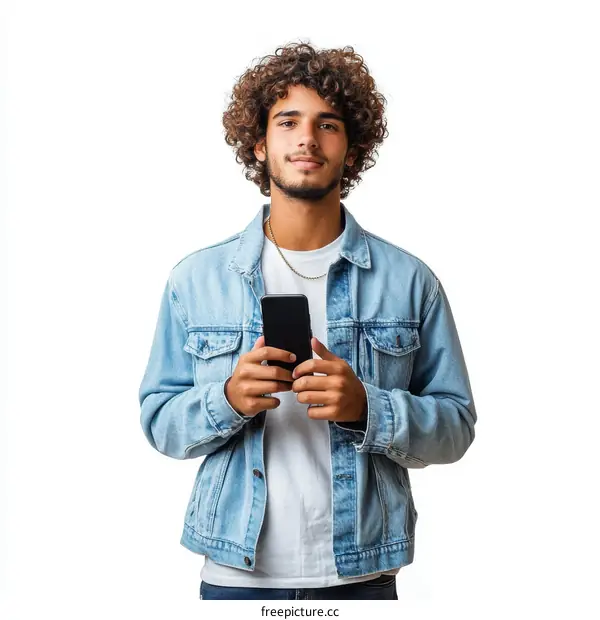 Young Man Using Smartphone in Denim Jacket