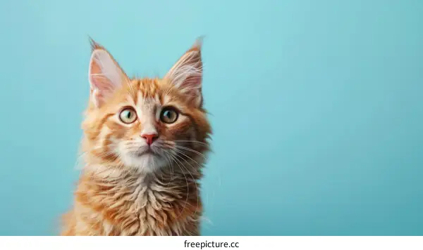 A ginger cat looking up curiously against a blue background