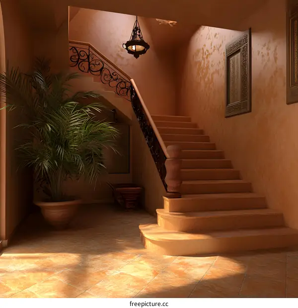 Staircase Interior Design with Ornate Railing and Light Fixture