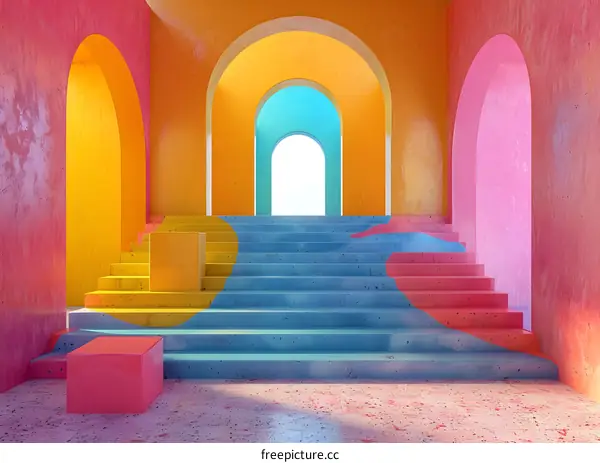 A staircase with bright pastel colored walls and arches.