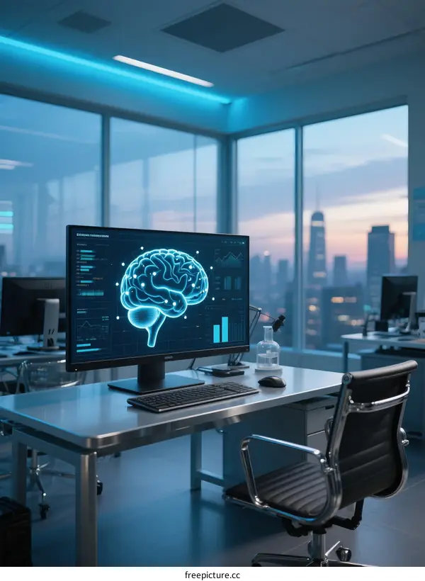 Modern Office Setting with Brain Scan Visualization on Monitor