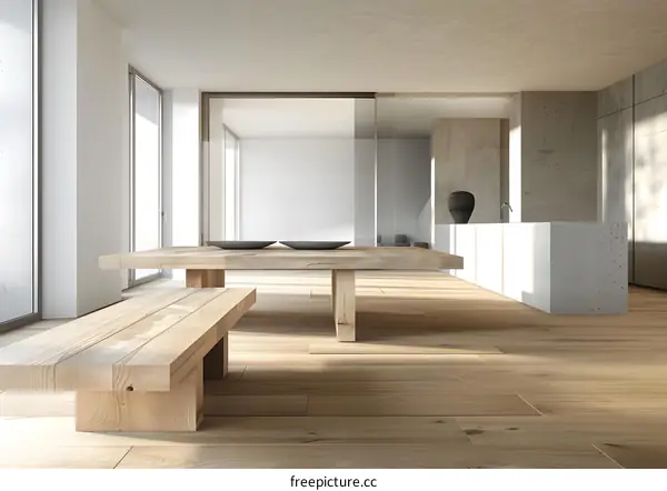Minimalist Wooden Dining Table And Bench In Modern Interior Design
