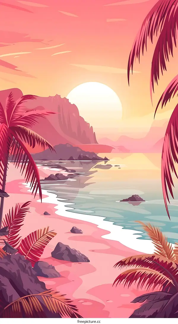 Pink Sunset Beach with Palm Trees