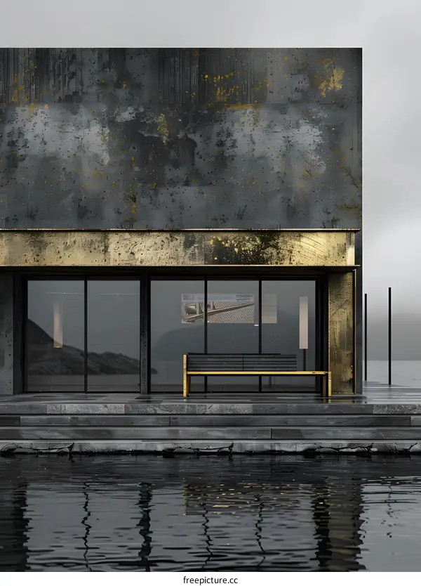 Minimalist Modern Architecture Design with Golden Accents and Water Reflection