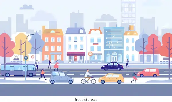 City Street with People, Cars and Buildings