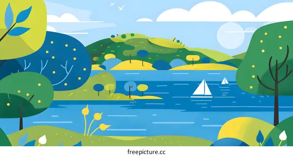 Sailboats on a Lake with a Green Hill in the Background