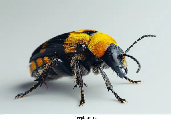 A black and yellow blister beetle on a white background