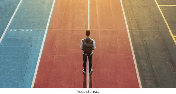 A young man standing alone on a running track with three lanes