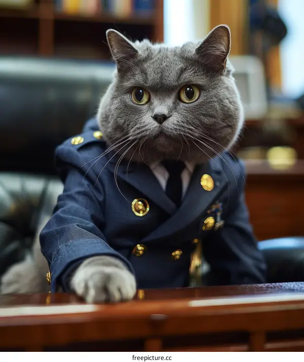A gray cat wearing a military uniform is sitting in a chair and looking at the camera.