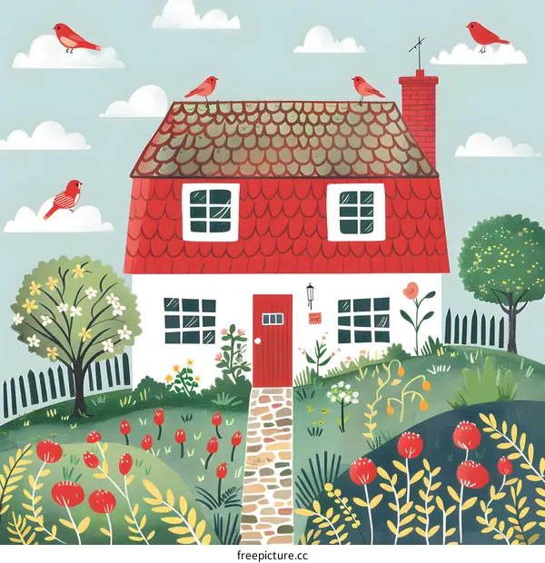 Cute Red Roof House with Garden and Birds