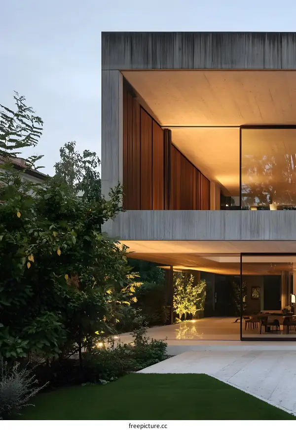 Modern Concrete House with Large Glass Windows and Wooden Panels
