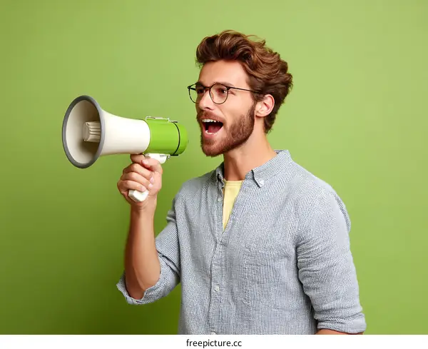 Man with Megaphone Speaking Against a Green Background
